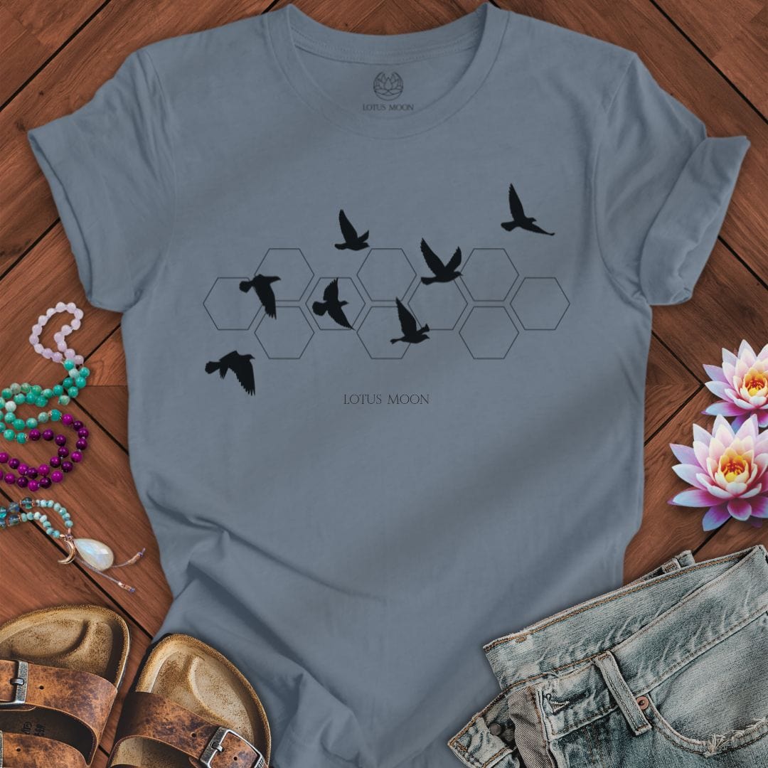 Black Flying Birds Tee Steel Blue