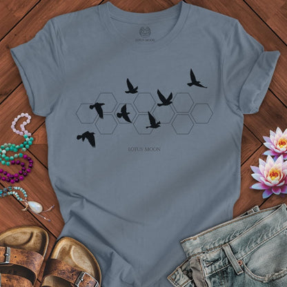 Black Flying Birds Tee Steel Blue