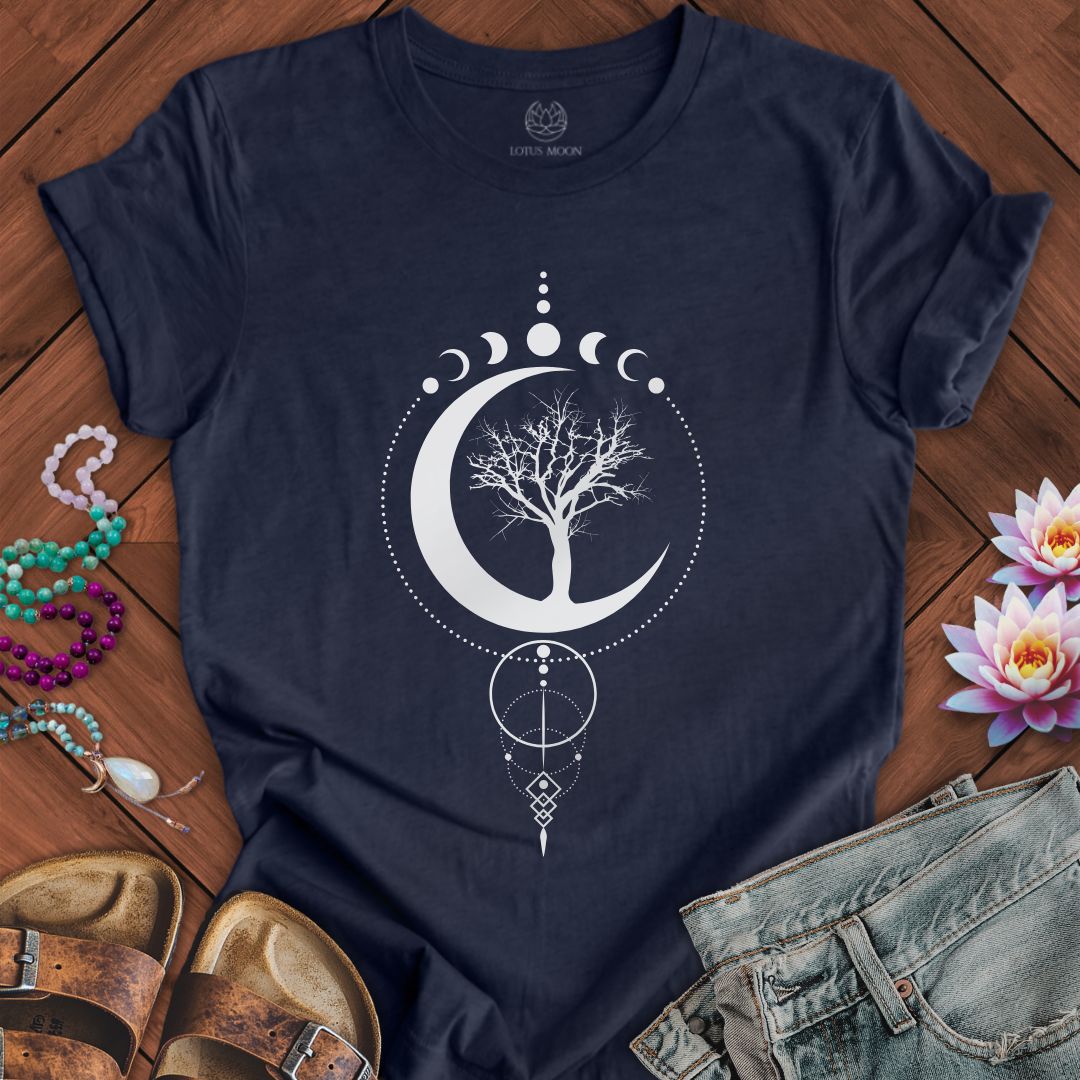 Geometric Sacred Tree of Life White Tee Heather Midnight Navy