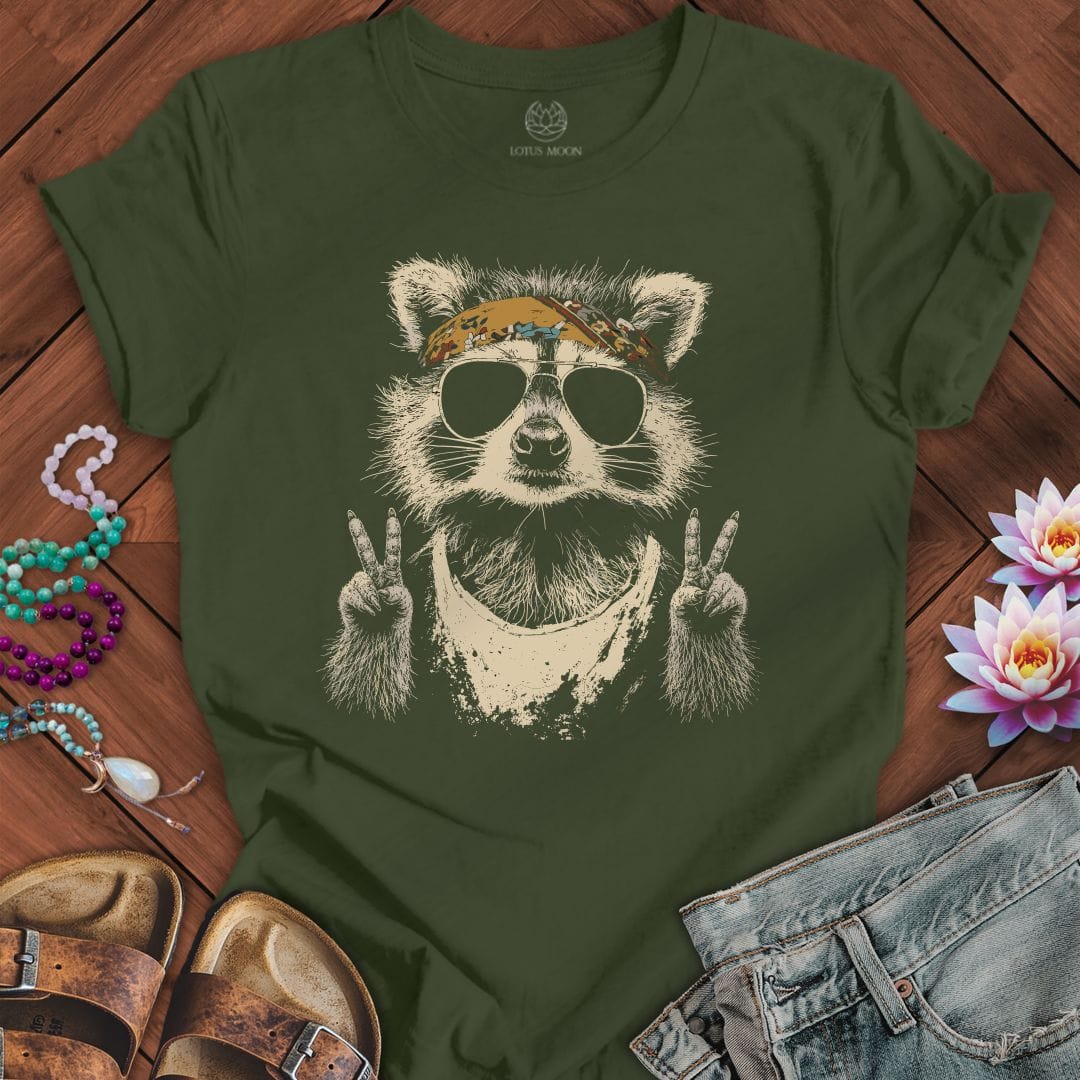 Printify T-Shirt Hippie Raccoon Tee Military Green / S