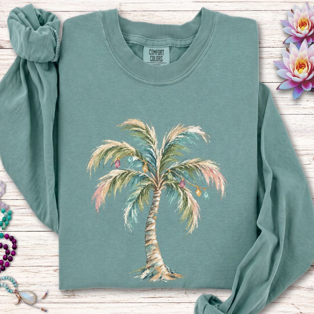 Holiday Palm Long Sleeve Tee Light Green