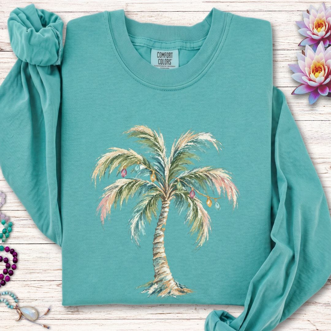 Holiday Palm Long Sleeve Tee Seafoam