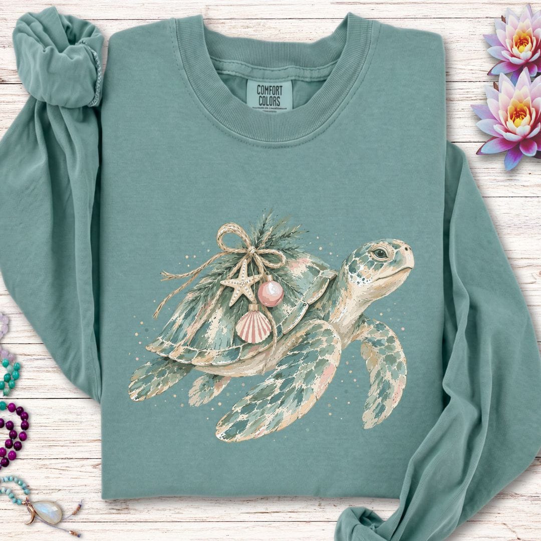 Holiday Sea Turtle Long Sleeve Tee Light Green
