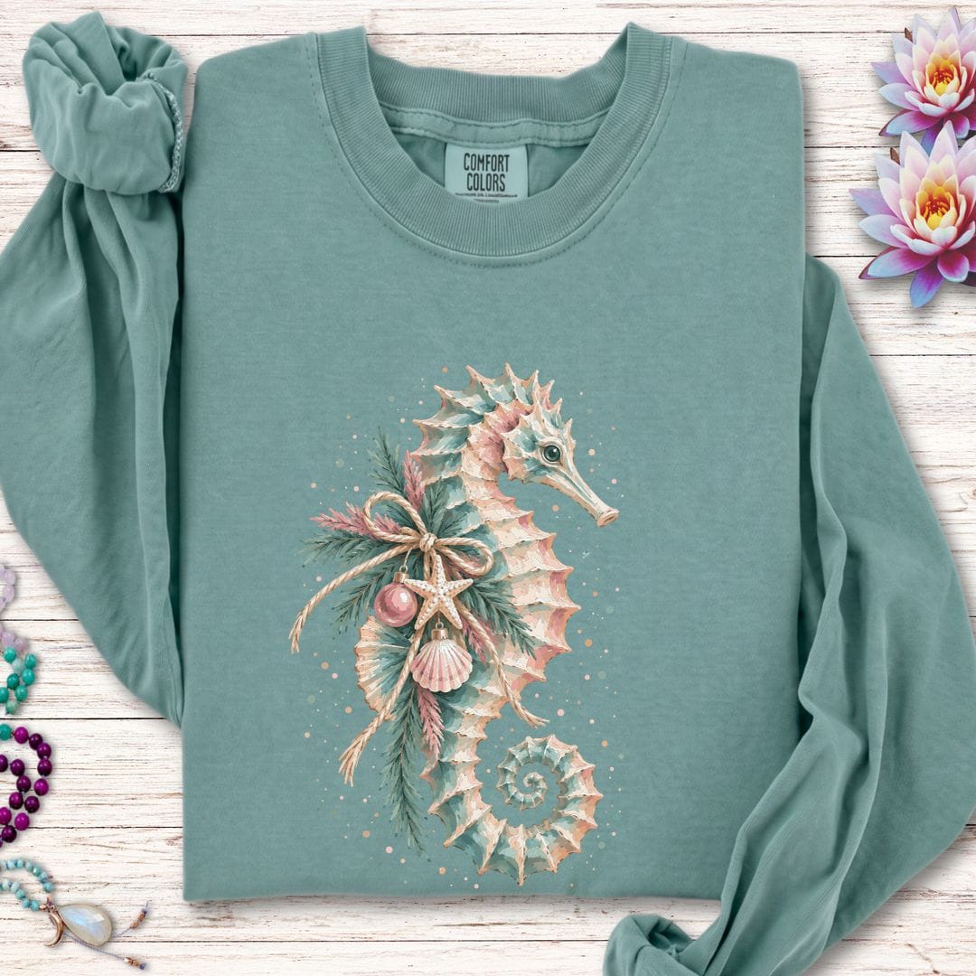 Holiday Seahorse Long Sleeve Tee Light Green