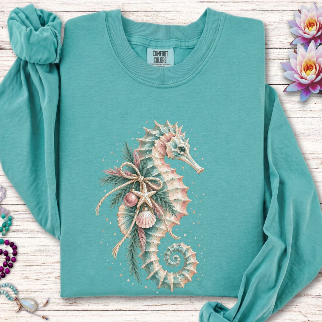 Holiday Seahorse Long Sleeve Tee Seafoam