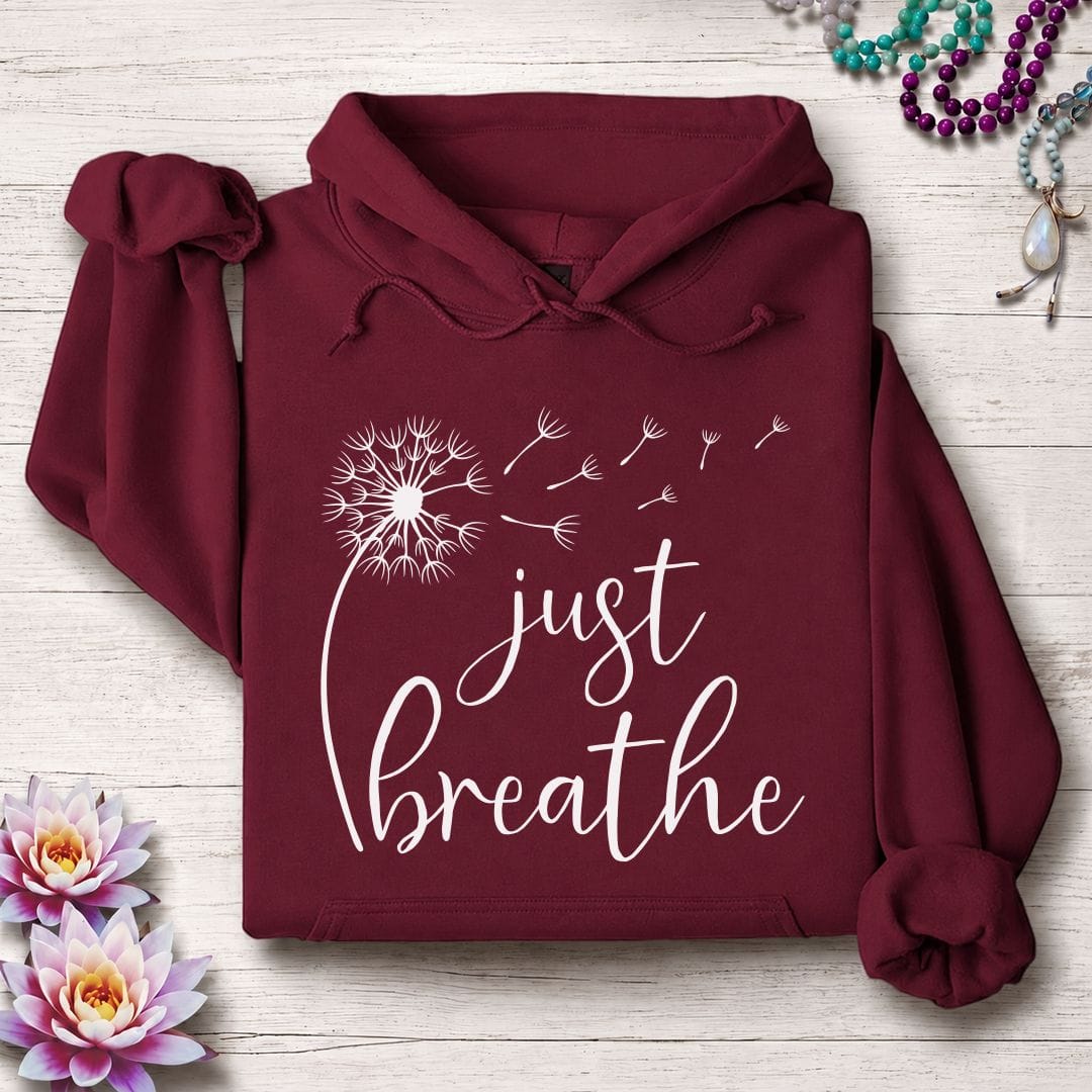 Printify Hoodie Just Breathe Dandelion Hoodie Maroon / S