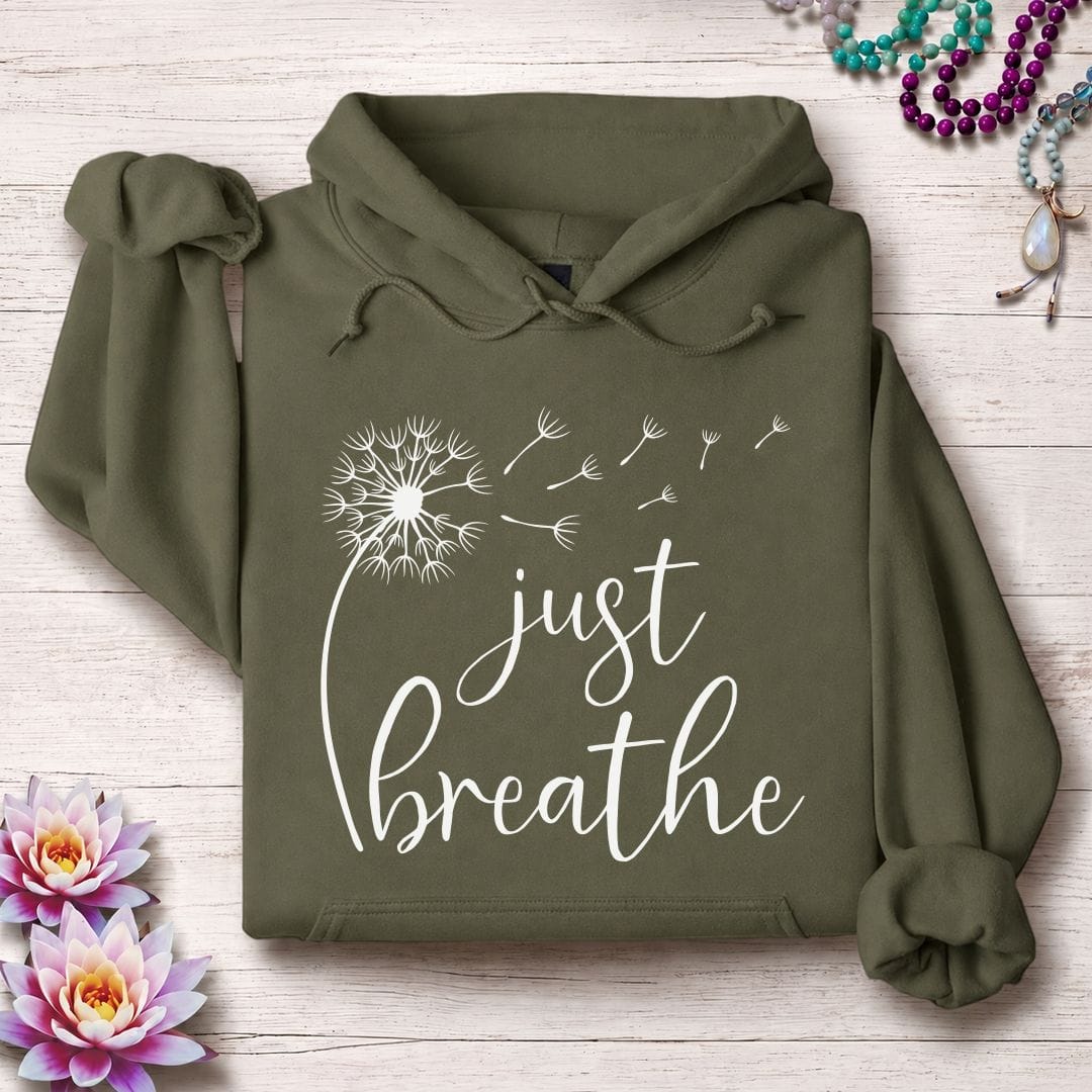 Printify Hoodie Just Breathe Dandelion Hoodie Military Green / S