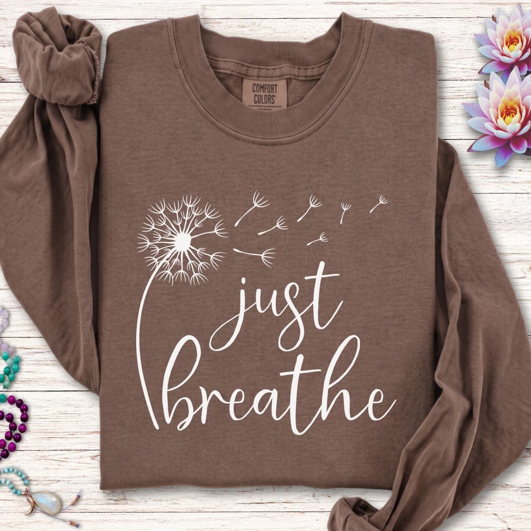Printify Long-sleeve Just Breathe Dandelion Long Sleeve Tee Espresso / S