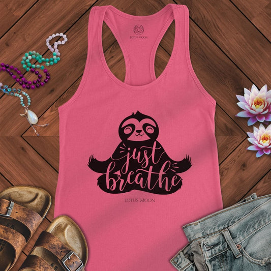 Just Breathe Sloth Tank Solid Hot Pink