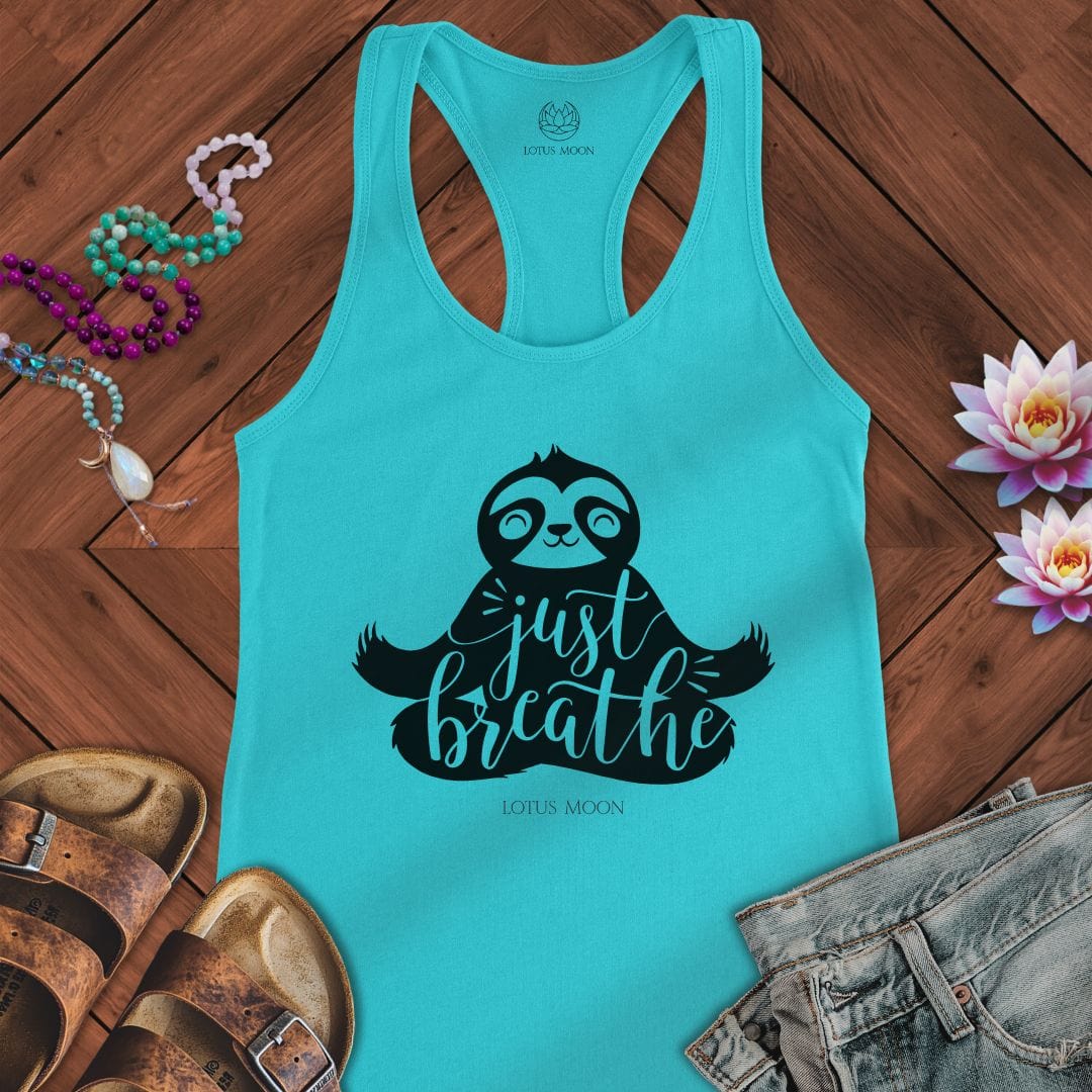 Just Breathe Sloth Tank Solid Tahiti Blue