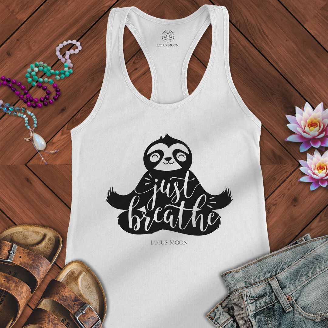 Just Breathe Sloth Tank Solid White