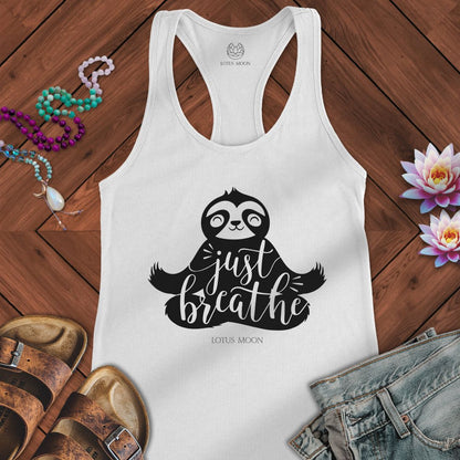 Just Breathe Sloth Tank Solid White