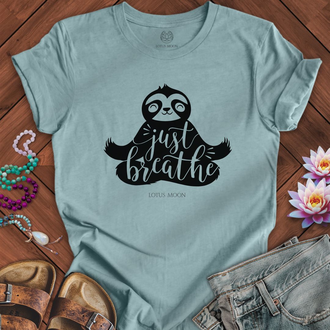 Just Breathe Sloth Tee Heather Blue Lagoon