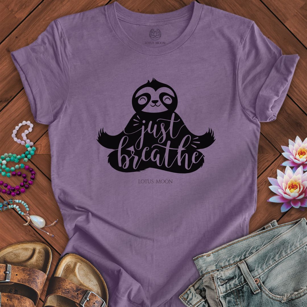 Just Breathe Sloth Tee Heather Purple