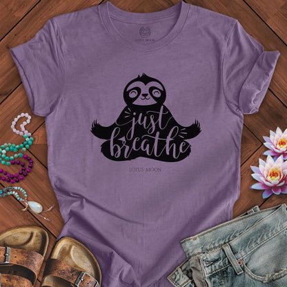 Just Breathe Sloth Tee Heather Purple