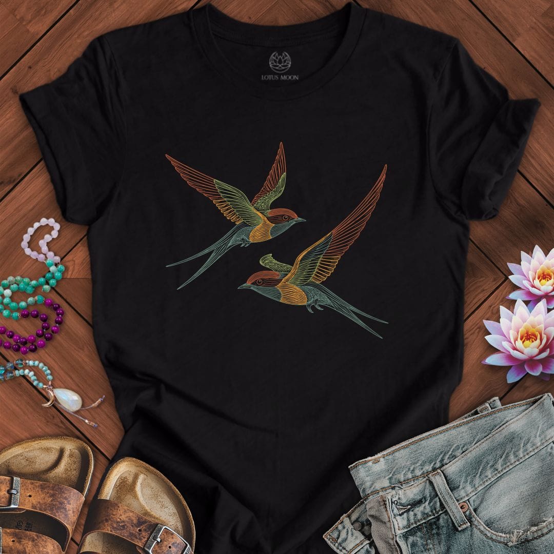 Printify T-Shirt Line Art Swallows Tee Black / S