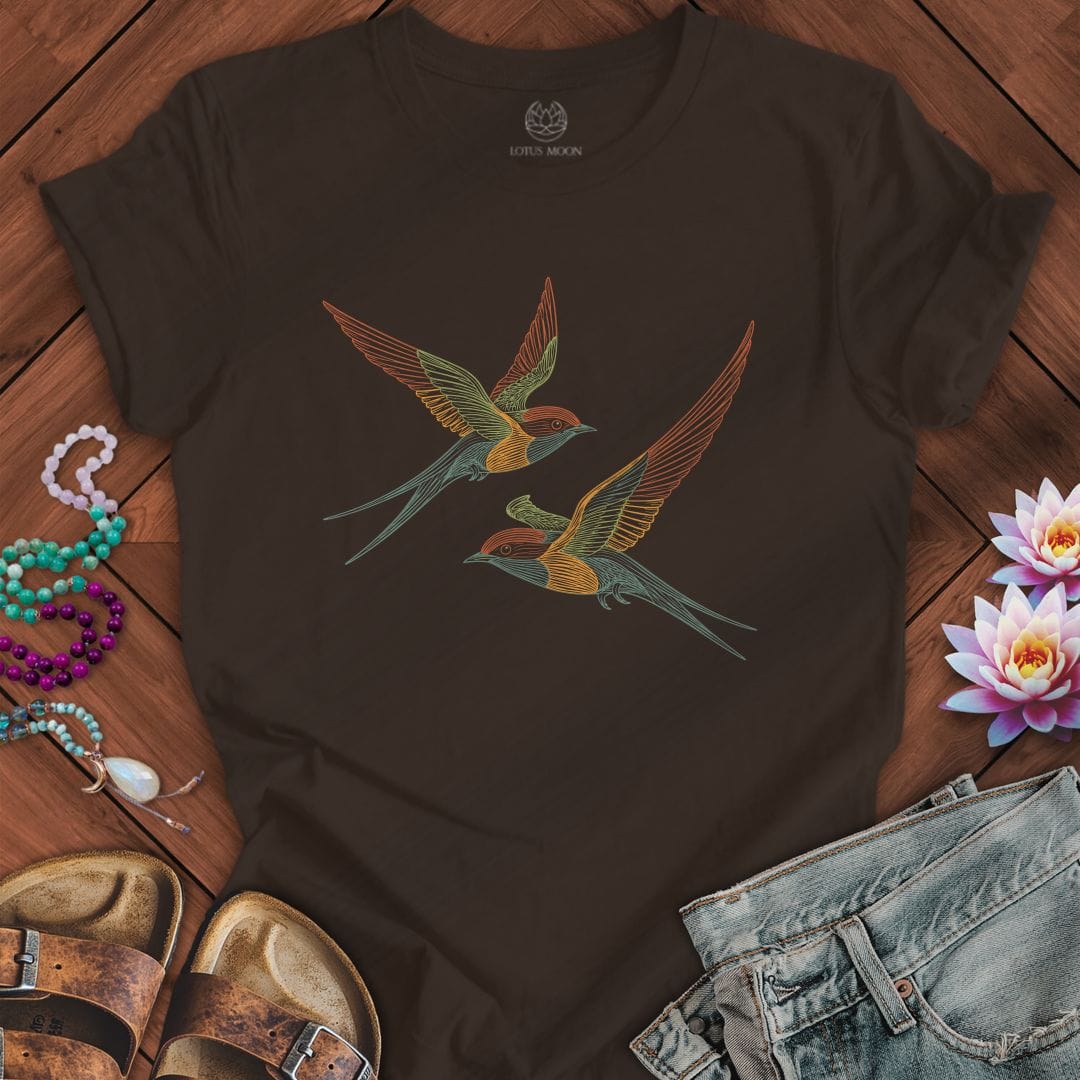 Printify T-Shirt Line Art Swallows Tee Brown / S