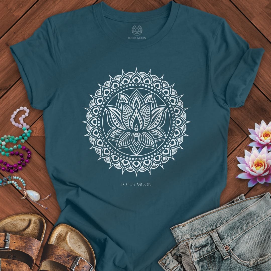 Lotus Mandala White Tee Deep Teal