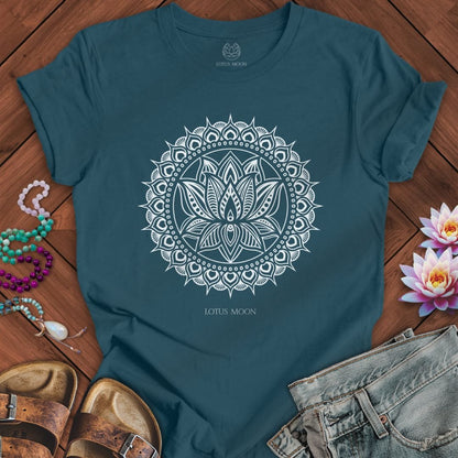 Lotus Mandala White Tee Deep Teal