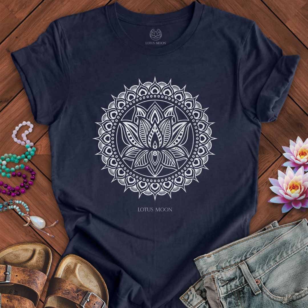 Lotus Mandala White Tee Heather Midnight Navy