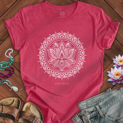 Lotus Mandala White Tee Heather Raspberry