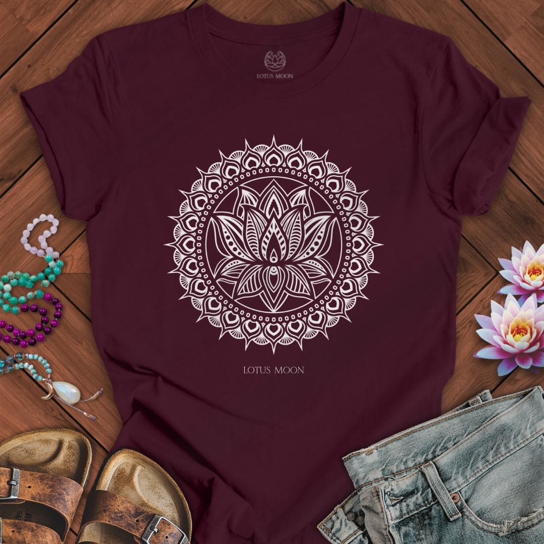 Lotus Mandala White Tee Maroon
