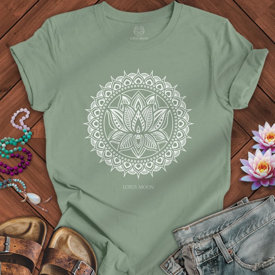 Lotus Mandala White Tee Sage