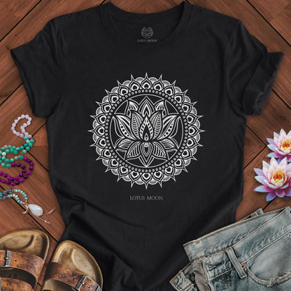 Lotus Mandala White Tee Solid Black Blend