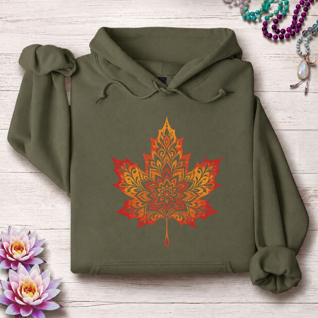 Printify Hoodie Mandala Autumn Leaf Hoodie Military Green / S