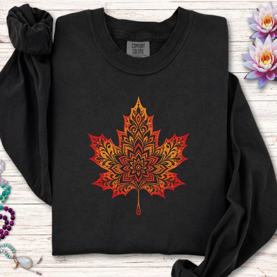 Printify Long-sleeve Mandala Autumn Leaf Long Sleeve Tee Black / S