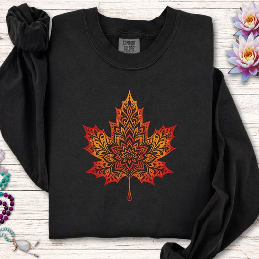 Mandala Autumn Leaf Long Sleeve Tee Black