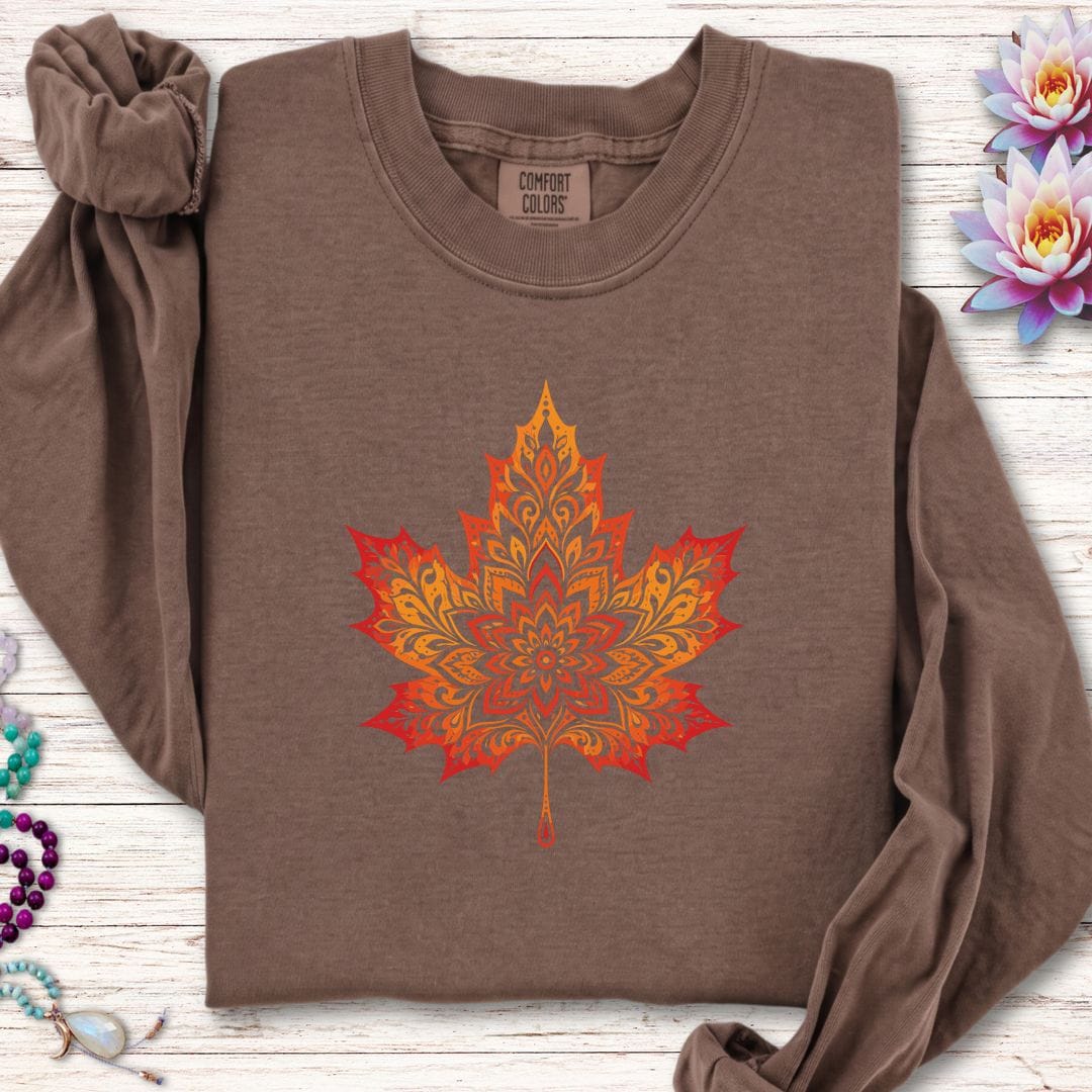 Printify Long-sleeve Mandala Autumn Leaf Long Sleeve Tee Espresso / S