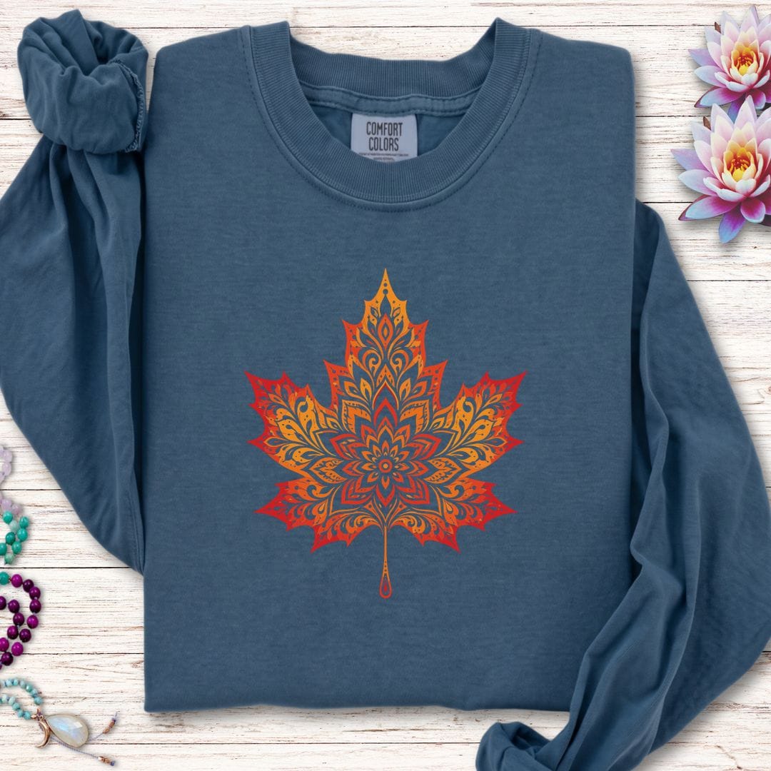 Printify Long-sleeve Mandala Autumn Leaf Long Sleeve Tee Midnight / S