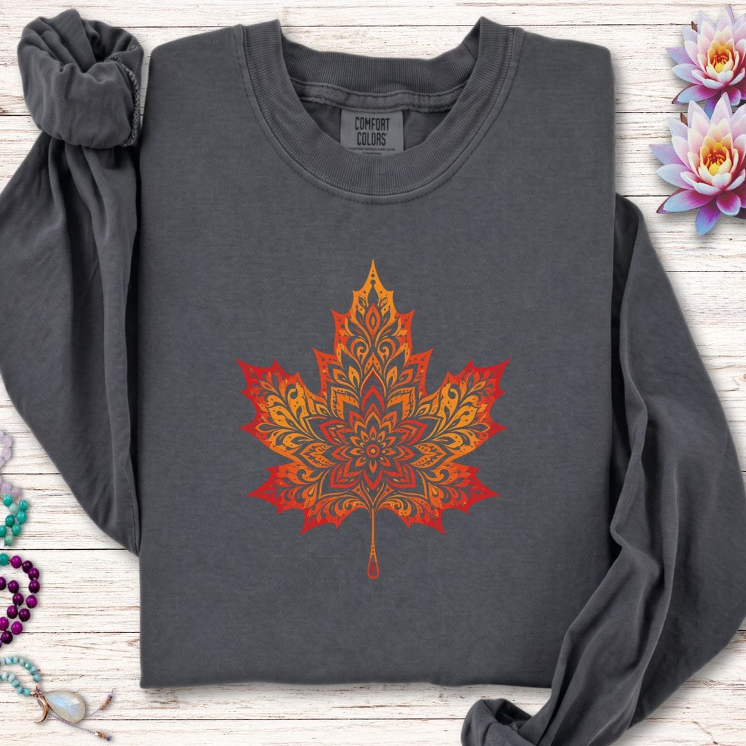 Printify Long-sleeve Mandala Autumn Leaf Long Sleeve Tee Pepper / S