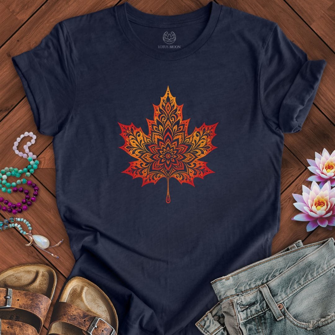 Printify T-Shirt Mandala Autumn Leaf Tee Heather Midnight Navy / S