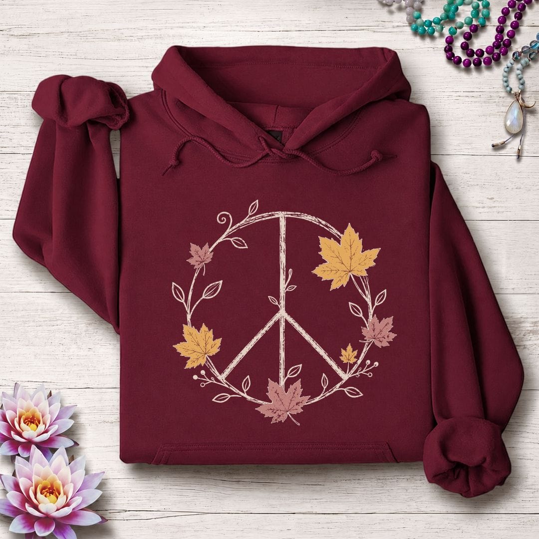 Printify Hoodie Maple Peace Sign Hoodie Maroon / S