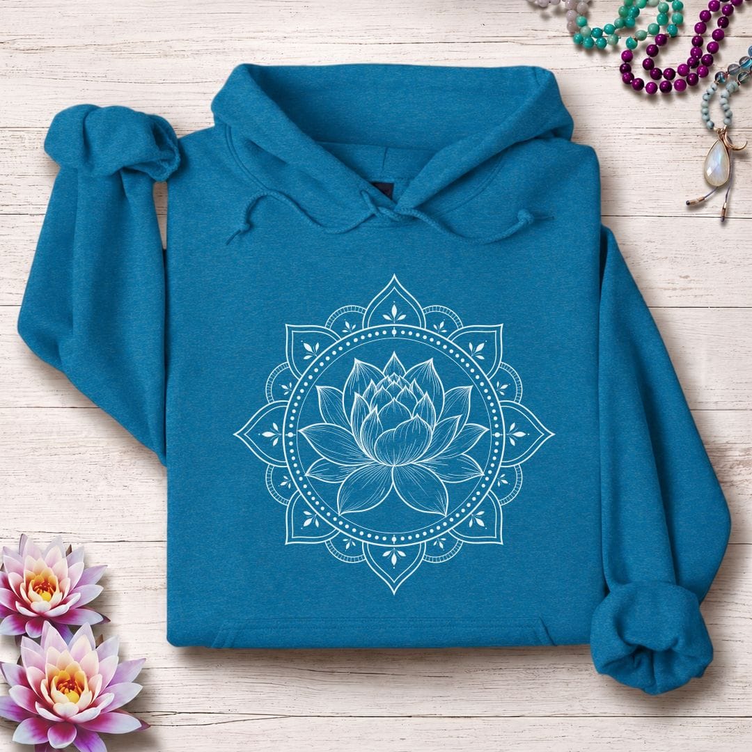 Printify Hoodie Natural Lotus Mandala Hoodie Antique Sapphire / S
