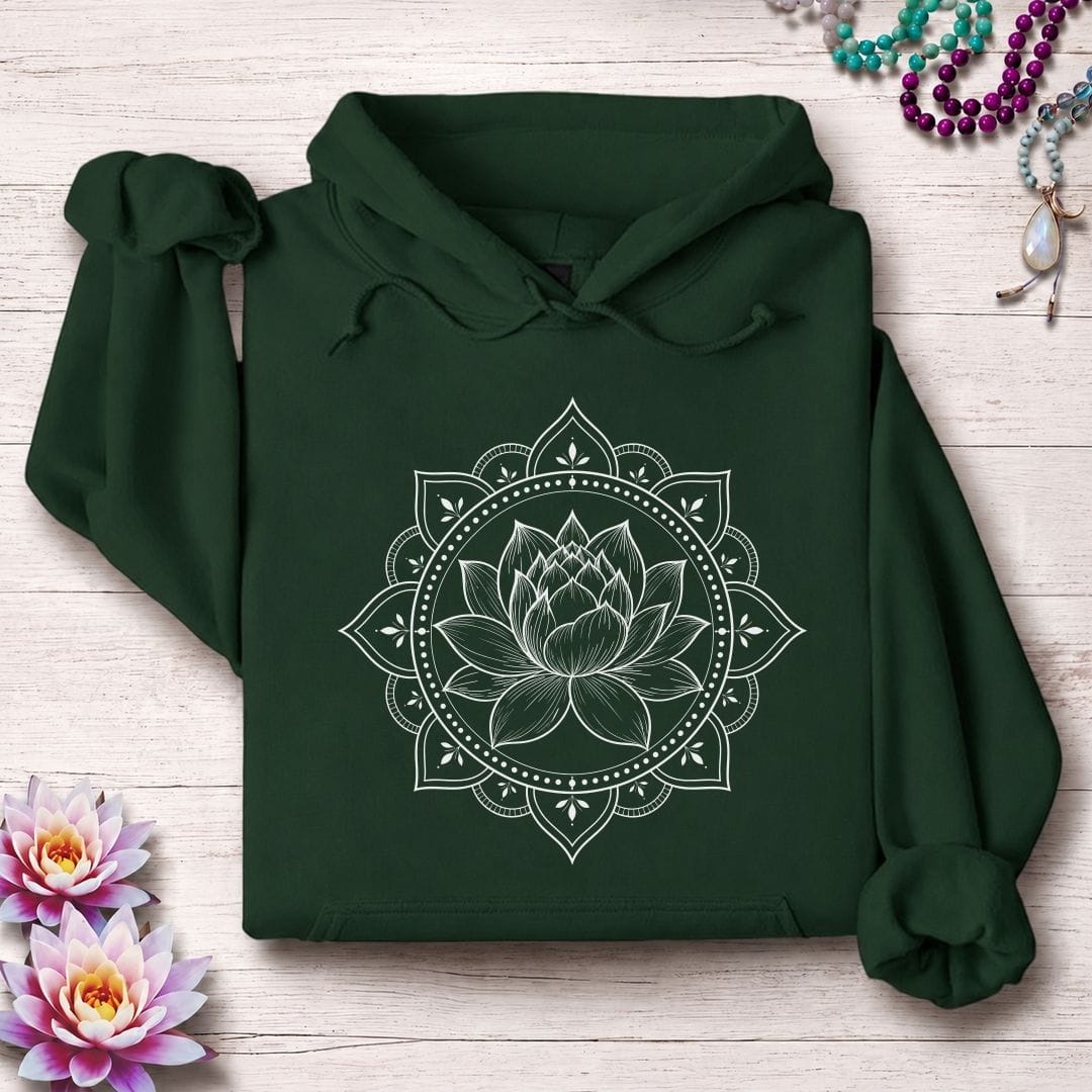 Printify Hoodie Natural Lotus Mandala Hoodie Forest Green / S