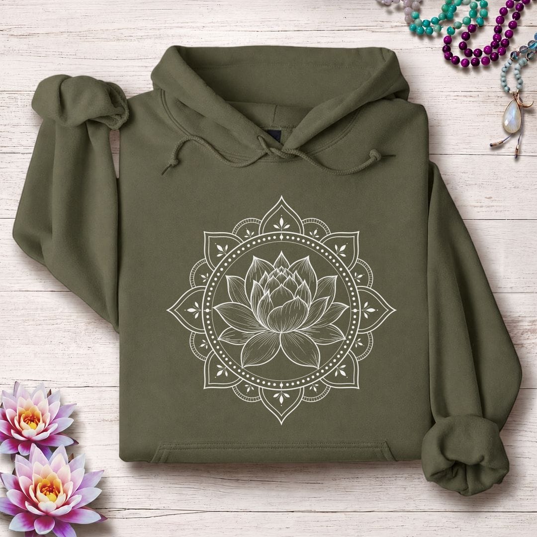 Printify Hoodie Natural Lotus Mandala Hoodie Military Green / S