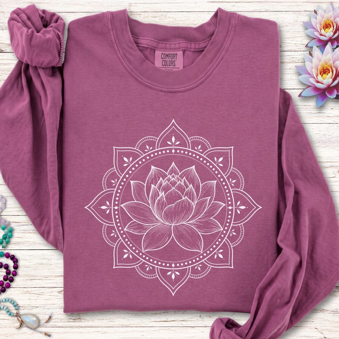 Printify Long-sleeve Natural Lotus Mandala Long Sleeve Tee Berry / S