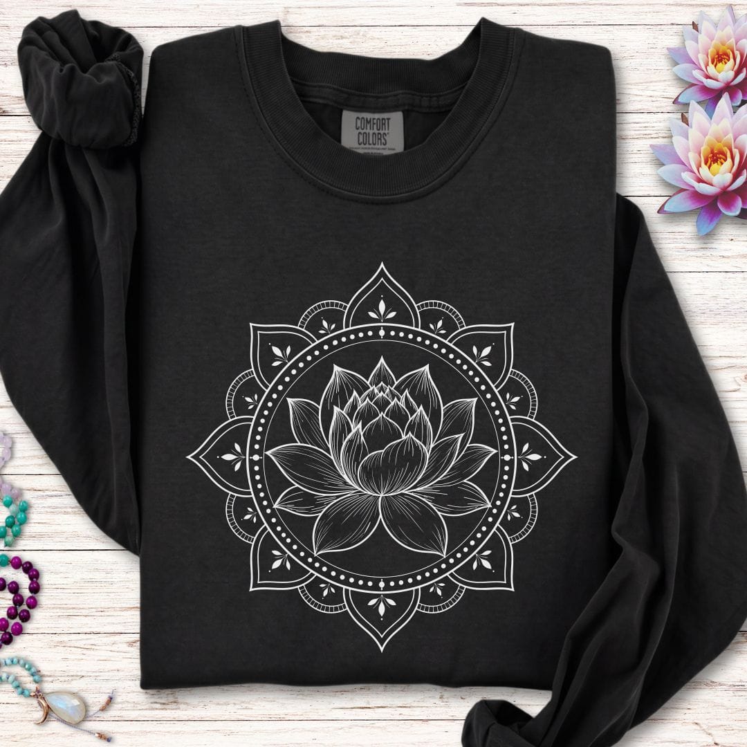 Printify Long-sleeve Natural Lotus Mandala Long Sleeve Tee Black / S
