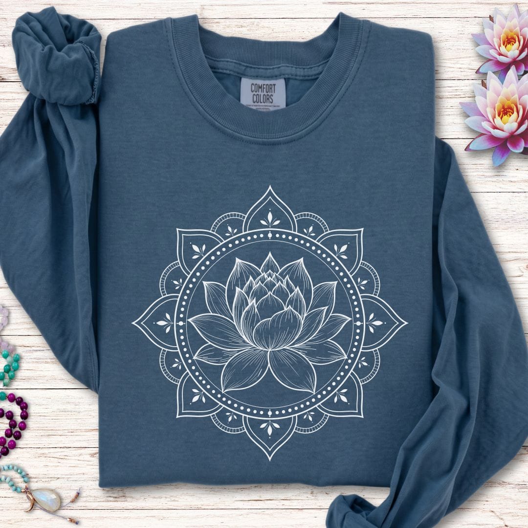 Printify Long-sleeve Natural Lotus Mandala Long Sleeve Tee Midnight / S