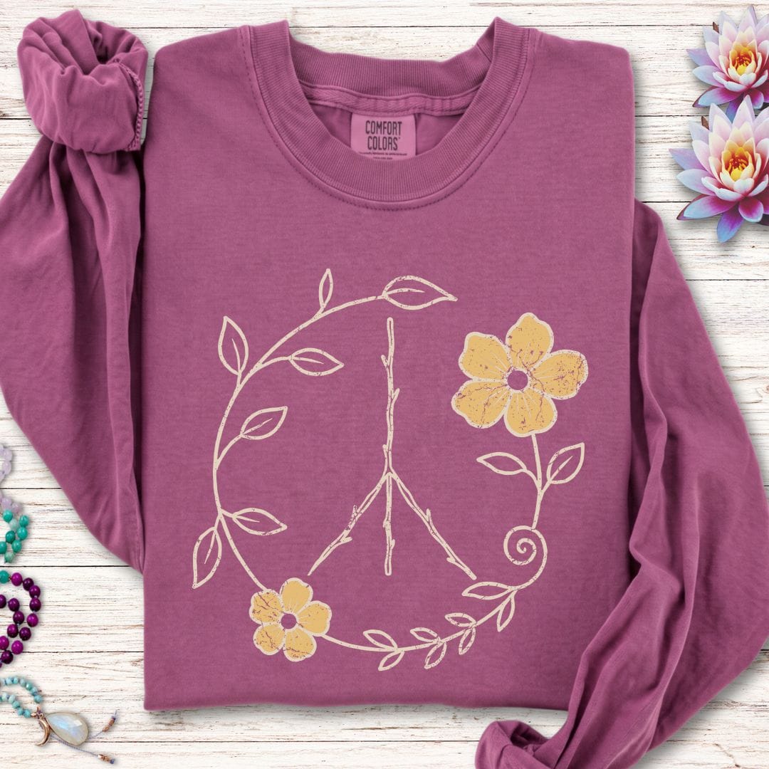 Printify Long-sleeve Natural Peace Sign Long Sleeve Tee Berry / S