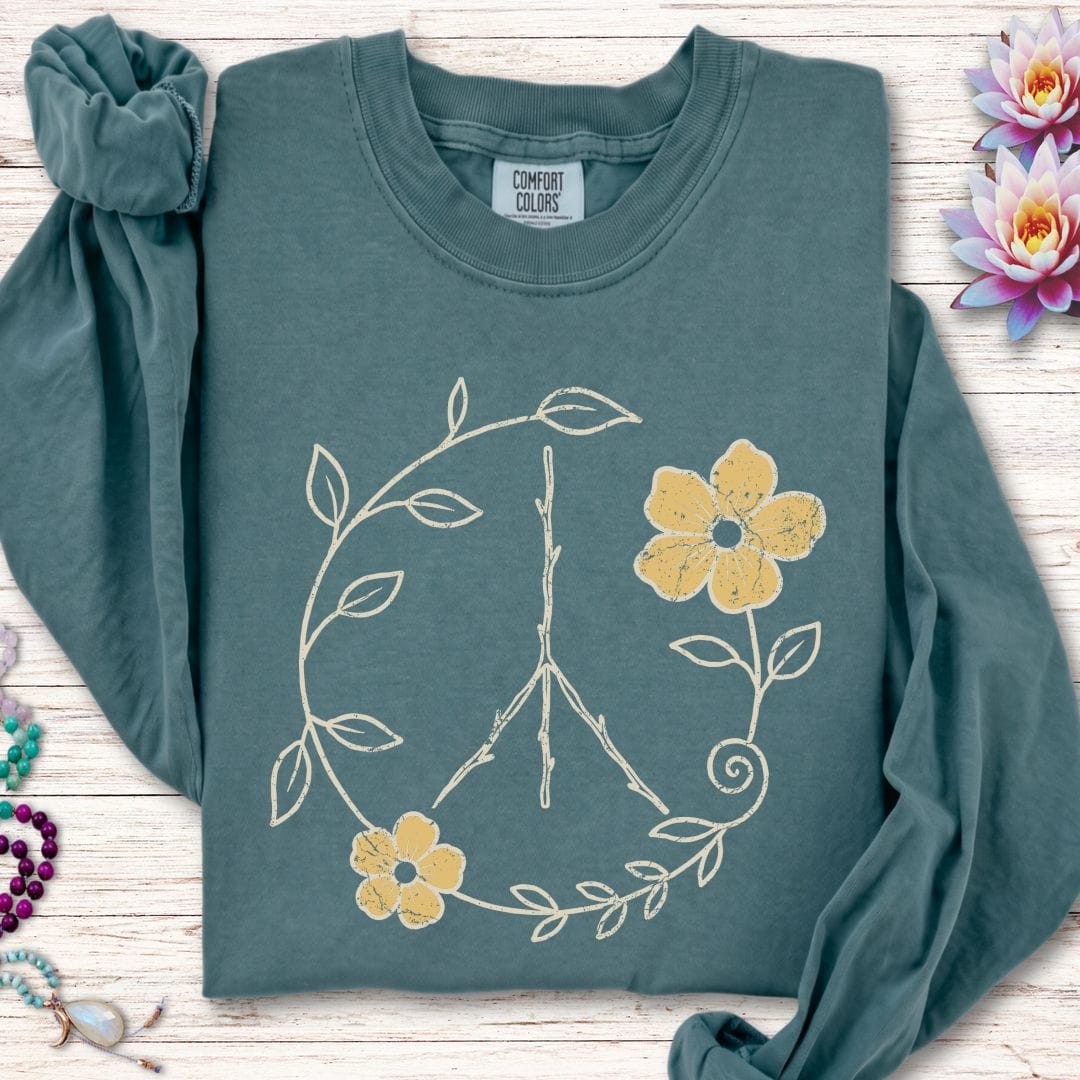 Printify Long-sleeve Natural Peace Sign Long Sleeve Tee Blue Spruce / S