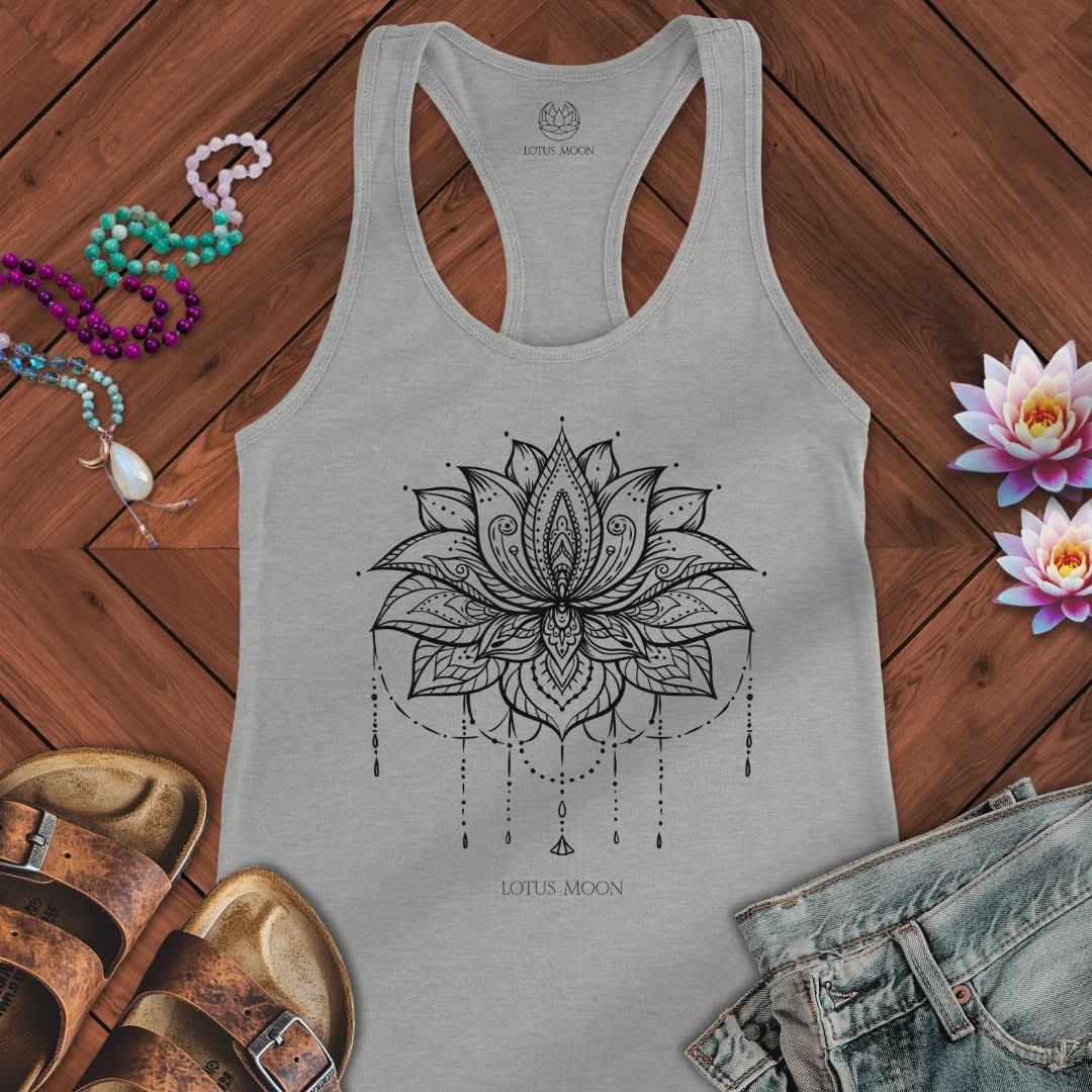 Ornate Lotus Black Tank Heather Grey