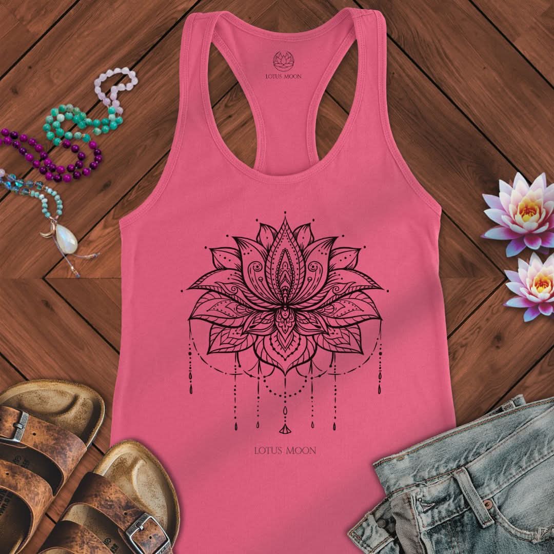 Ornate Lotus Black Tank Solid Hot Pink