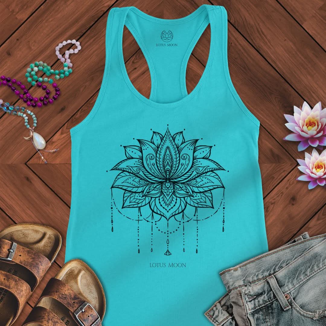 Ornate Lotus Black Tank Solid Tahiti Blue
