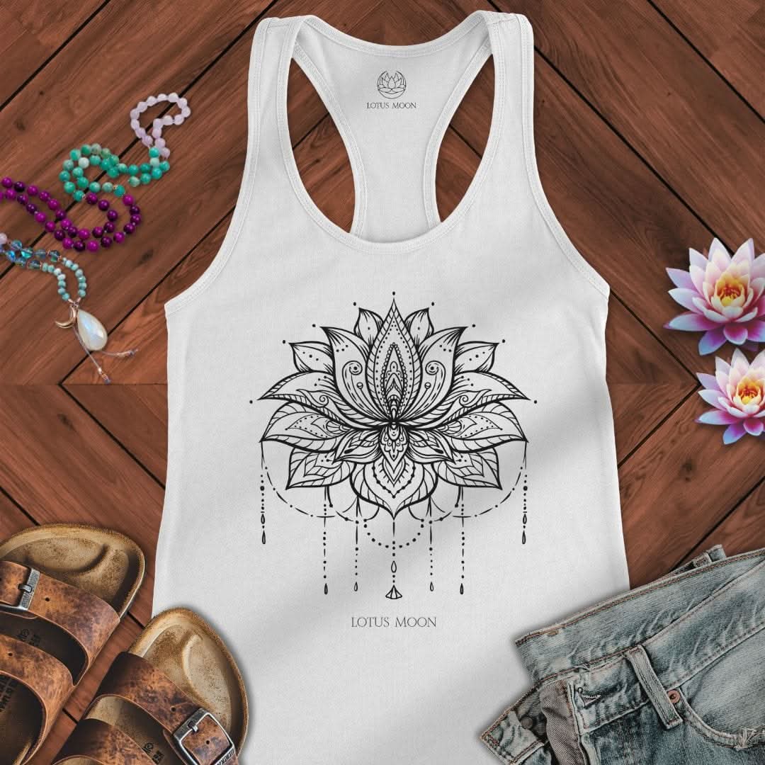 Ornate Lotus Black Tank Solid White