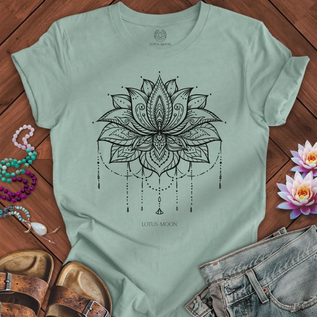 Ornate Lotus Black Tee Dusty Blue