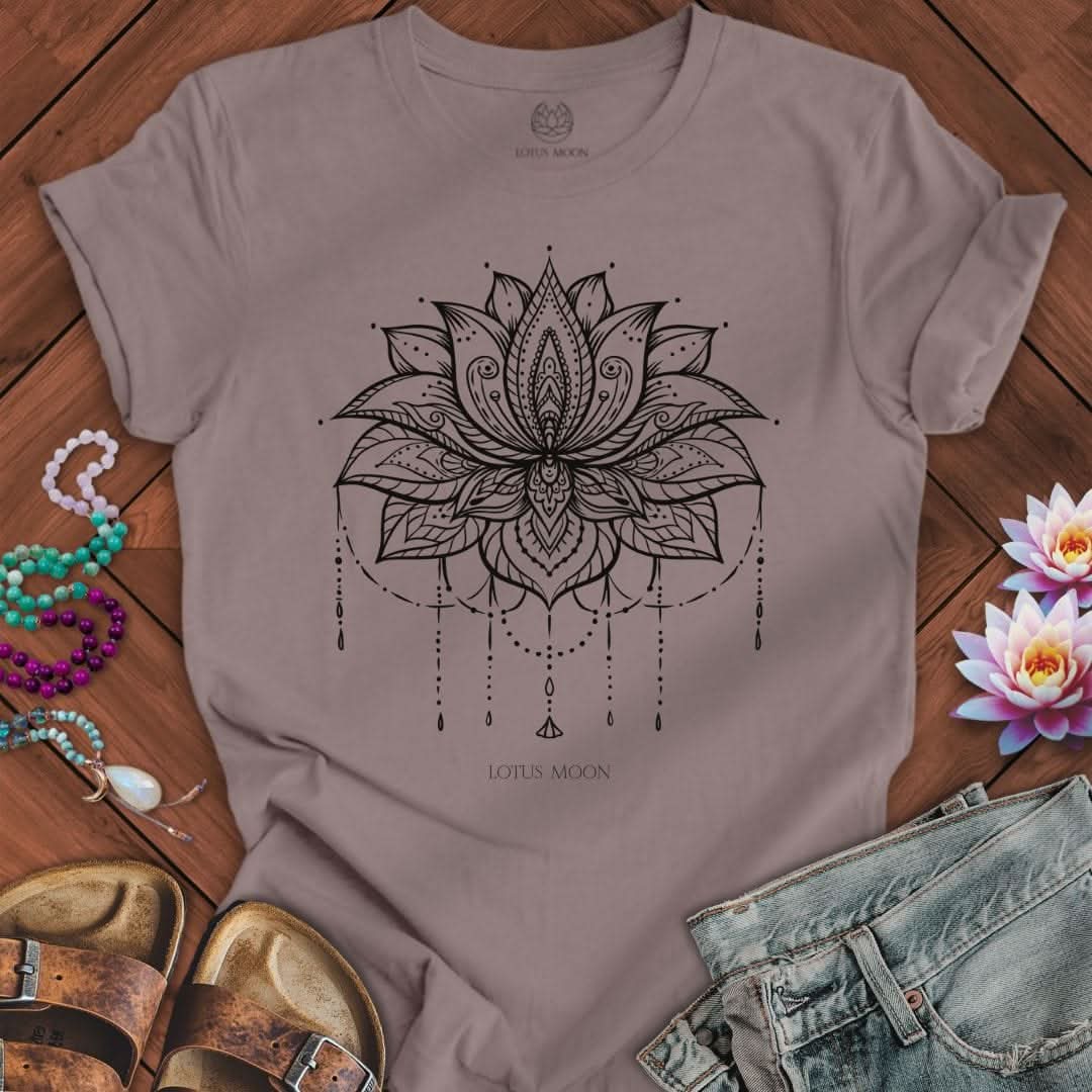Ornate Lotus Black Tee Pebble Brown
